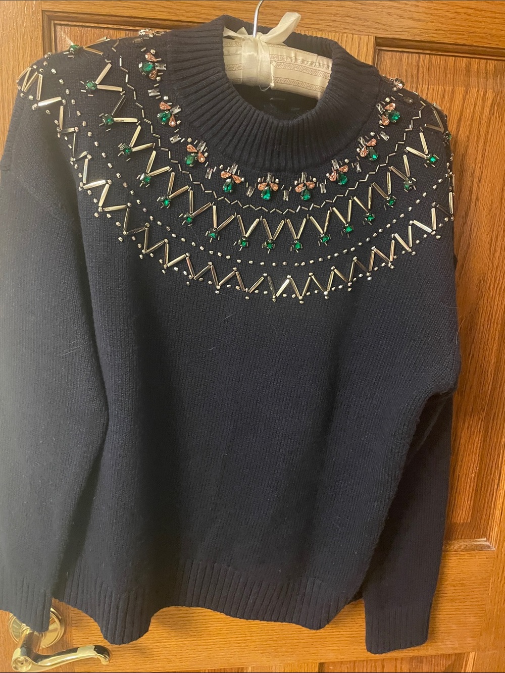 Talbots Navy Embellished Turtleneck Sweater with Green Accents